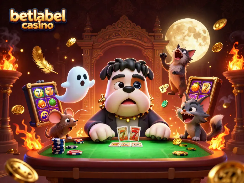 Engage with betlabel casino at a spooky card table featuring a Frankenstein bulldog, ghost mouse, and werewolf kitten.