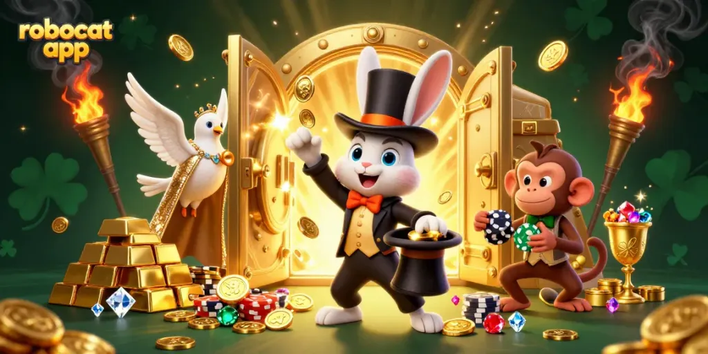 Experience the excitement of the robocat app with a magical casino scene featuring a magician rabbit and enchanting treasures.