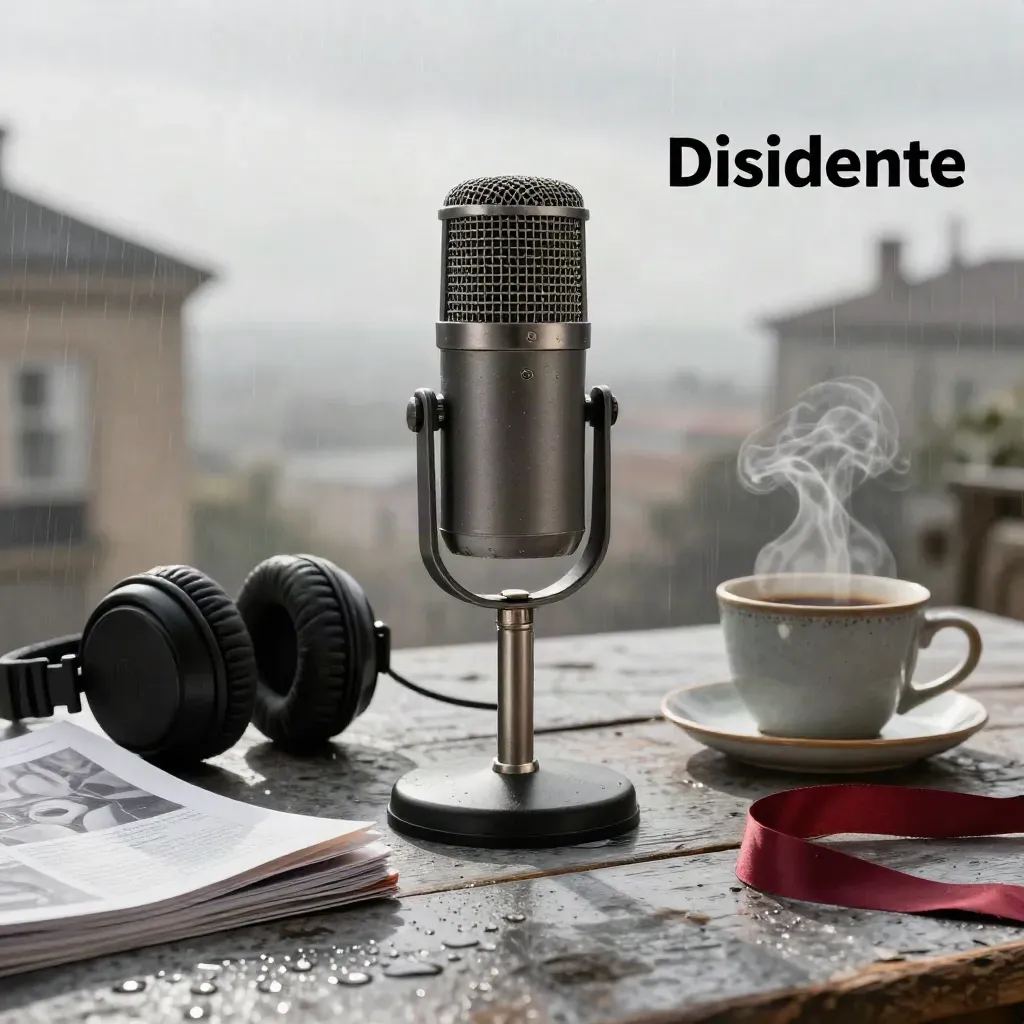Micrófono de estudio, auriculares y papeles curvados sobre mesa húmeda con café y cinta roja.