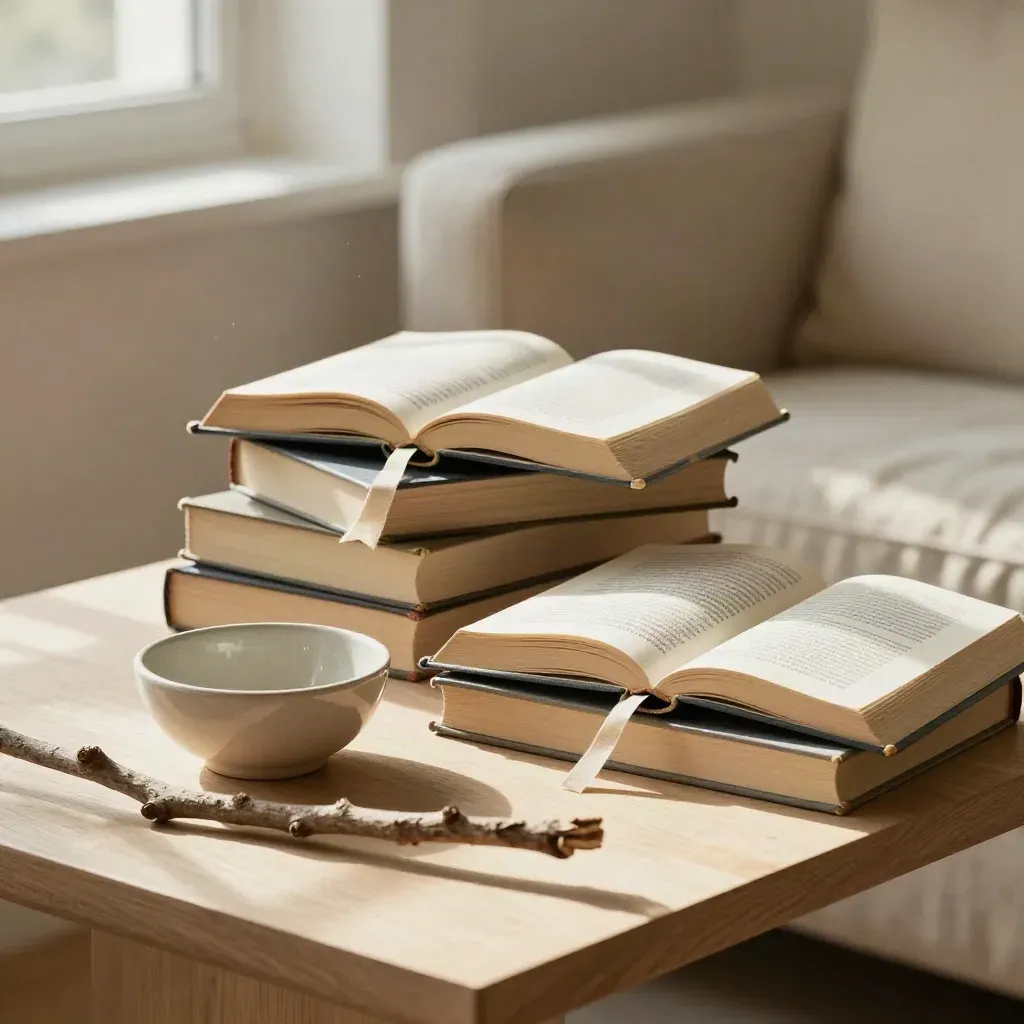 Tres novelas gastadas, marcapáginas de lino y cuenco cerámico sobre mesa de roble.