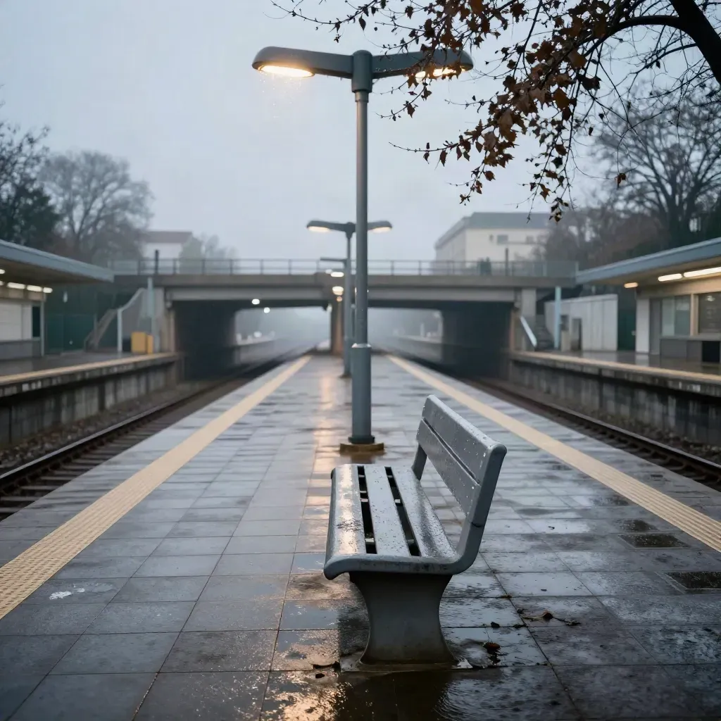 Andén vacío de metro en Madrid al amanecer, con banco de hierro, farola y ramas de plátano.