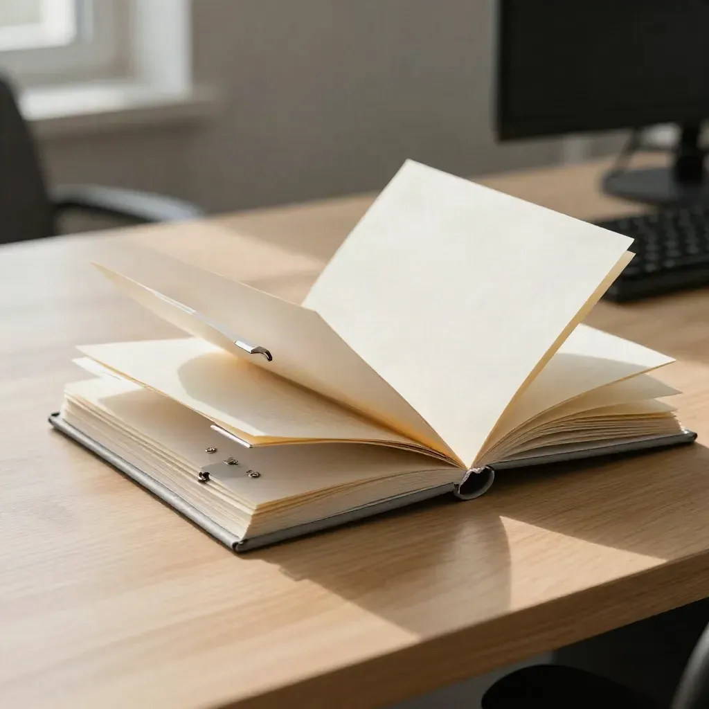 Carpeta de presupuestos abierta en abanico sobre escritorio claro, con separadores y teclado apagado.