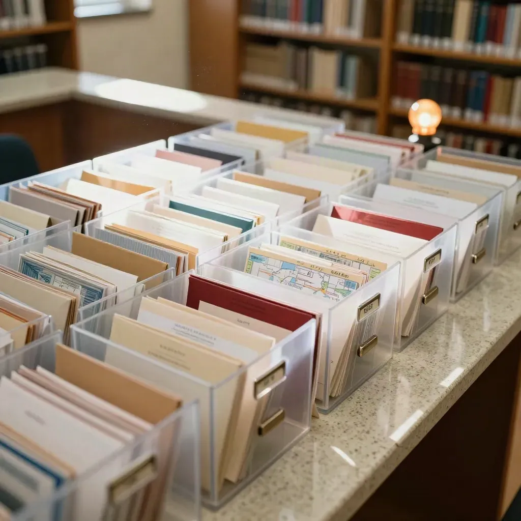 Cajas de archivo electorales translúcidas sobre travertino en una sala de consulta