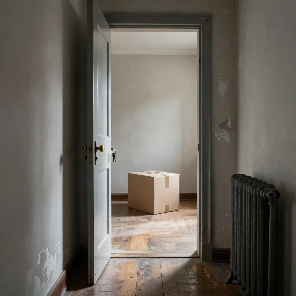 Pasillo vacío con llaves colgando, caja de mudanza y radiador antiguo bajo una puerta abierta.