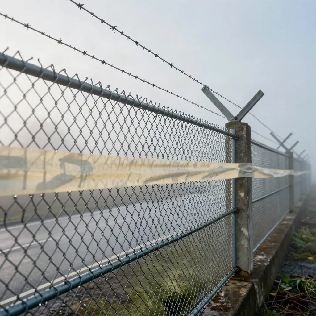 Valla fronteriza con niebla, cinta marfil y pilares de hormigón en un paisaje frío.