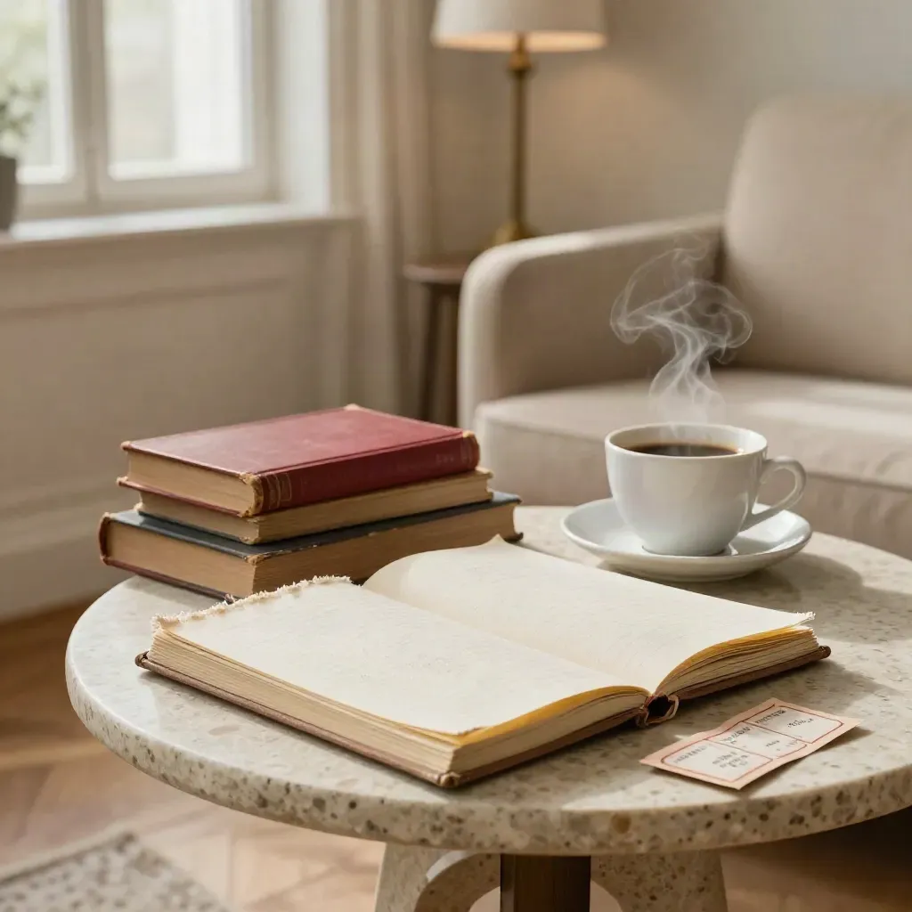 Naturaleza muerta cálida con cuaderno de lino, libros gastados, entradas y café junto a una butaca vacía.