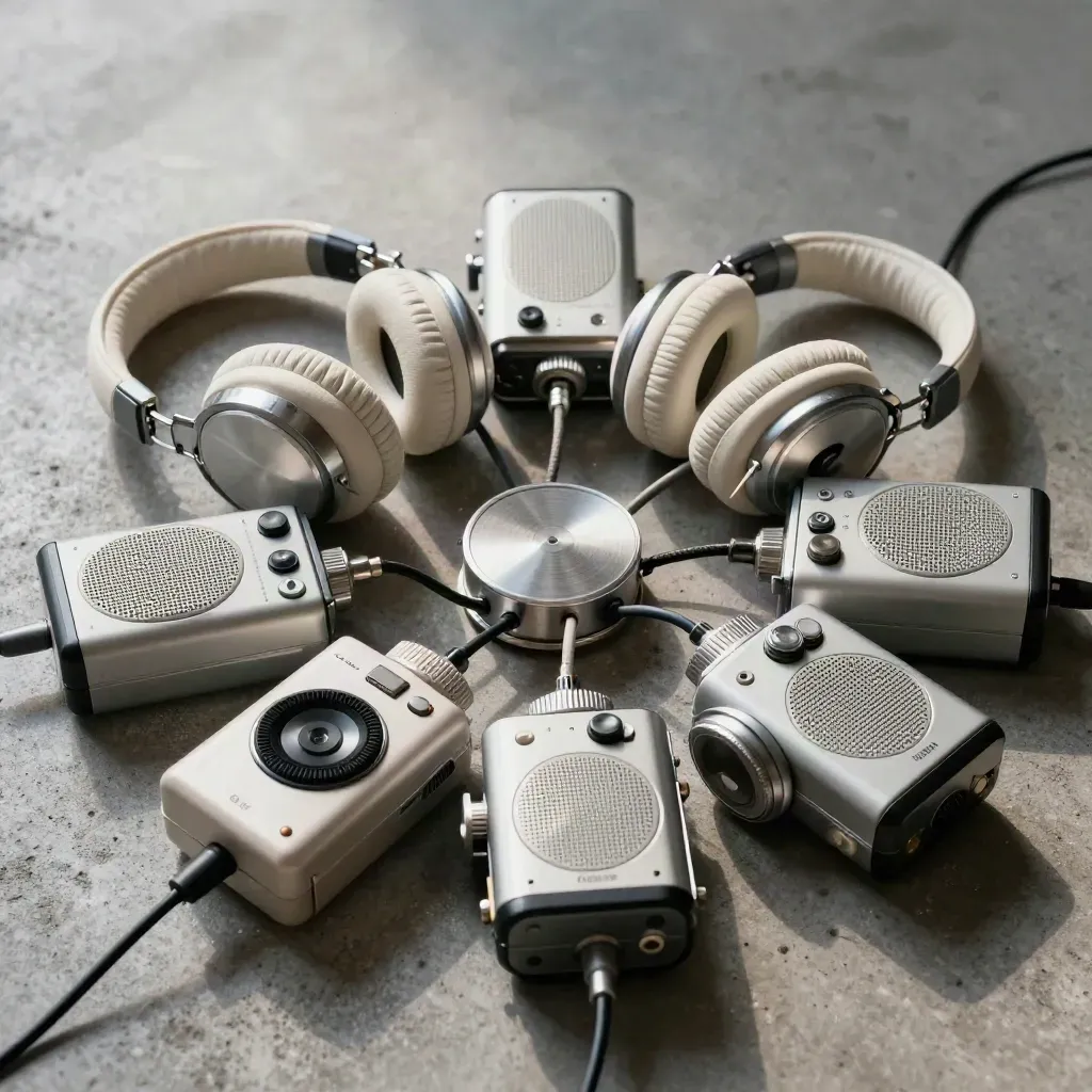 Radios portátiles, auriculares y cables alrededor de un núcleo de audio sobre concreto gris.