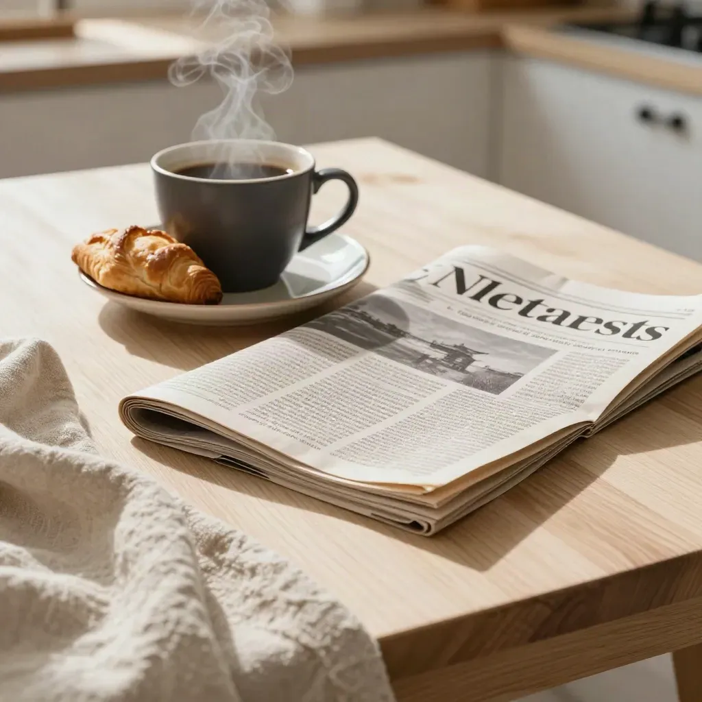 Desayuno editorial con café humeante, bollería, boletín doblado y manta de lino sobre mesa clara.