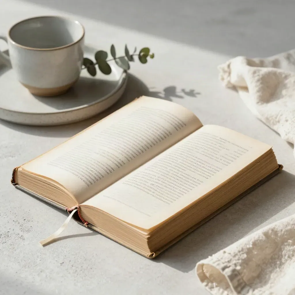 Libro de tapa dura, taza cerámica, marcapáginas de lino y eucalipto sobre bandeja de piedra.