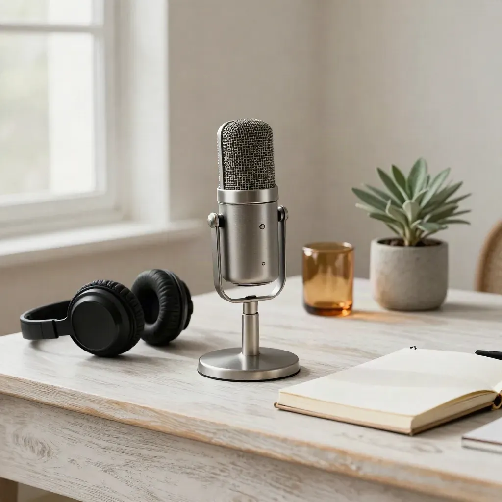 Micrófono vintage, auriculares, vaso ámbar, planta y libreta sobre madera clara