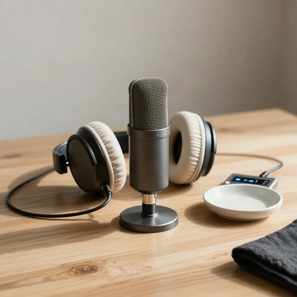 Micrófono, auriculares e interfaz de audio sobre mesa de roble, listos para grabar.