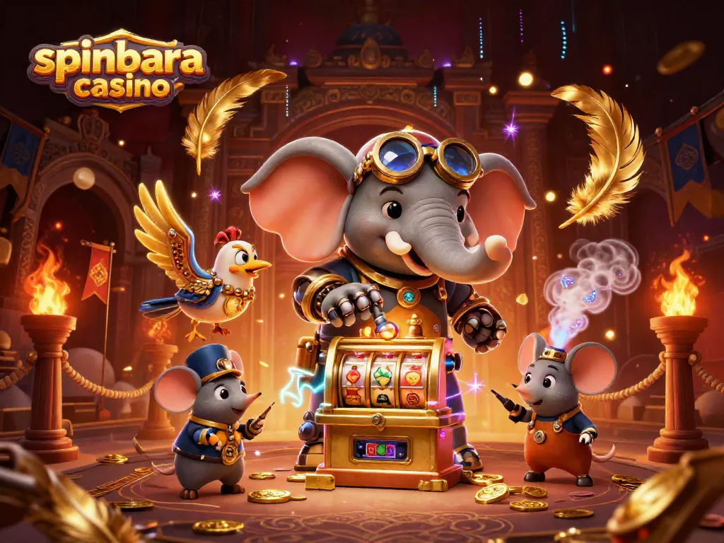 Spinbara Casino showcases a vibrant 3D steampunk scene with an engineer at a vibrant slot machine.