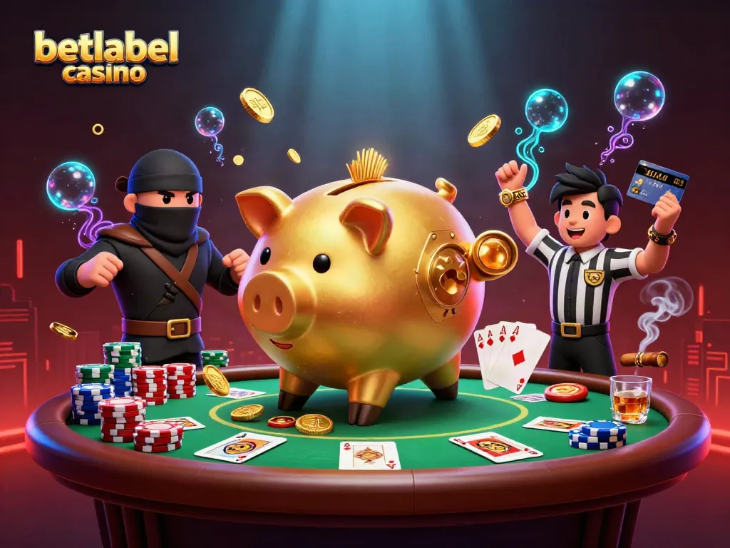 Betlabel casino scene featuring a piggy bank sumo wrestler amidst poker elements, showcasing action and excitement.