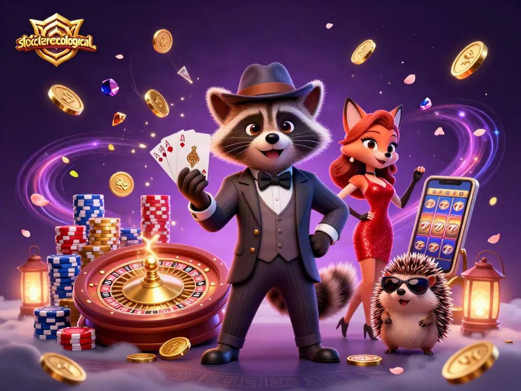 Engaging the excitement at stoeckerecological, a suave raccoon showcases a royal flush amidst dazzling casino elements.